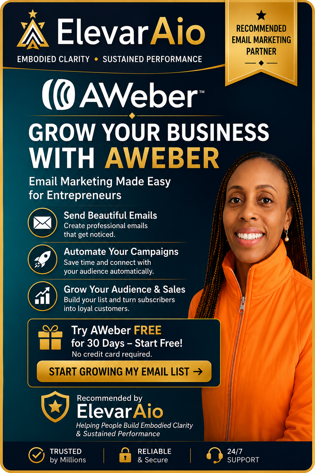 AWeber email marketing platform recommended by ElevarAio to help entrepreneurs grow their email list, automate campaigns, and increase sales.
