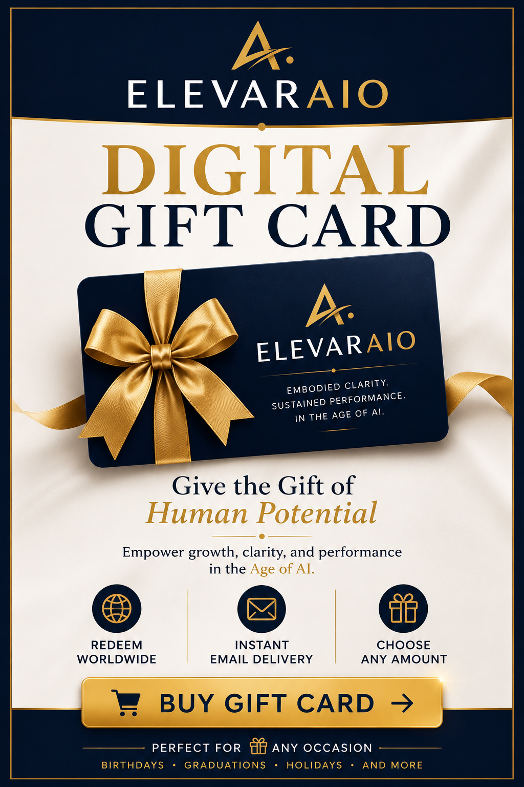 ElevarAio Digital Gift Card – Give the Gift of Human Potential with embodied clarity, sustained performance, wealth, wellness, longevity, and AI learning.
