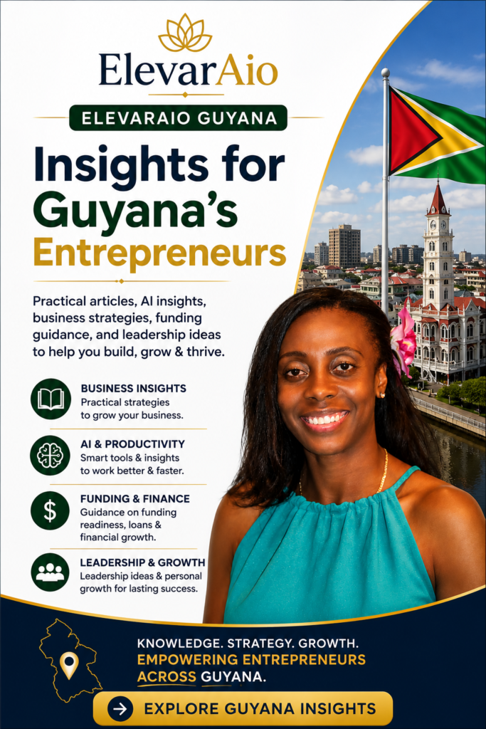 ElevarAio Guyana Insights banner featuring business strategies, AI insights, leadership development, funding guidance, and growth resources for Guyana's entrepreneurs.