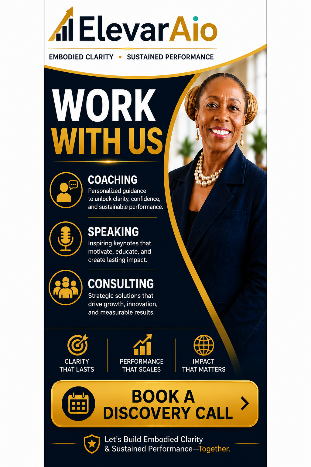 ElevarAio Work With Us sidebar banner promoting executive coaching, keynote speaking, consulting services, and discovery calls for leaders, entrepreneurs, and organizations.